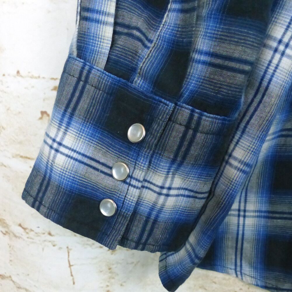 Wrangler Western Shirt Men 2XL Blue Plaid Sawtooth Pocket Pearl Snap Long Sleeve - Picture 11 of 12